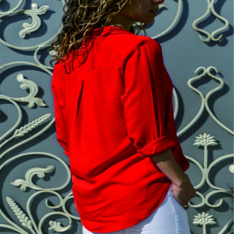 Blusa con cuello en V sólido de manga larga