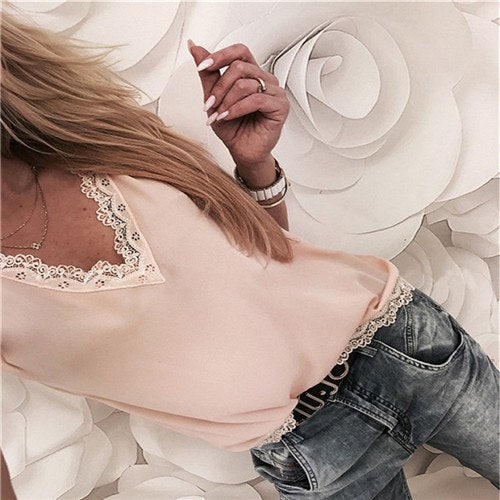 Blusa de mujer Tops Casual manga corta con Encaje cuello V