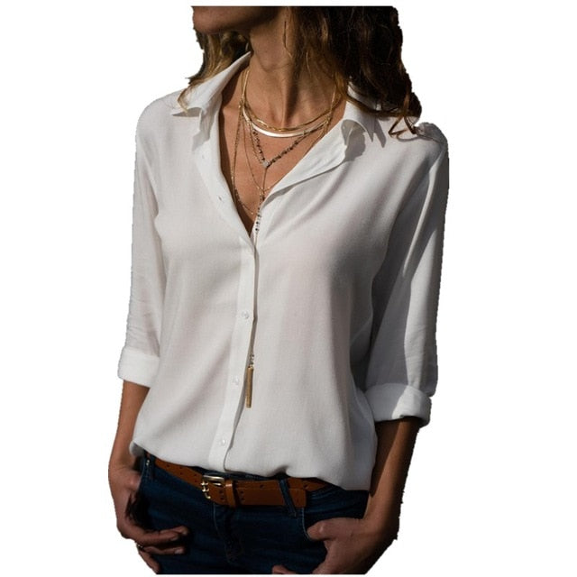 Blusa con cuello en V sólido de manga larga