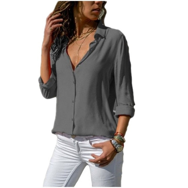 Blusa con cuello en V sólido de manga larga