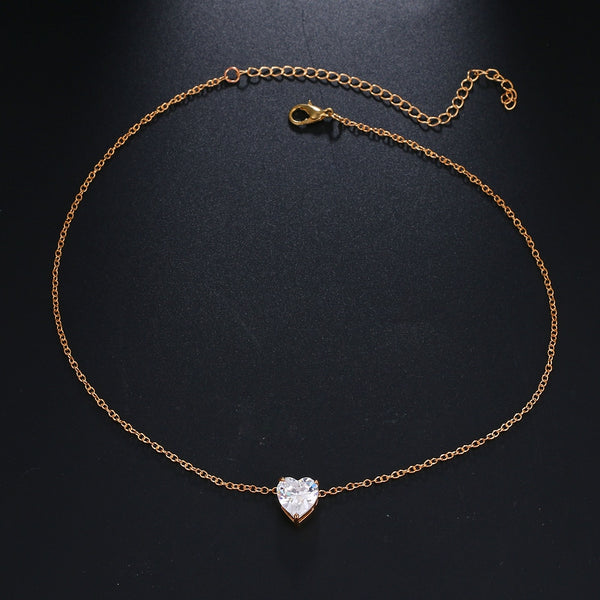 Crystal Heart Necklace Pendant Female Short Gold
